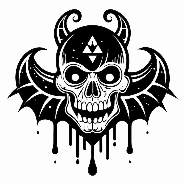 Vector gothic skull with bat wings and geometric patterns in black and white art