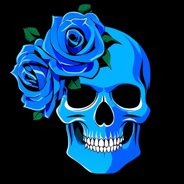 Vector gothic skull with blue roses vector illustration cartoon