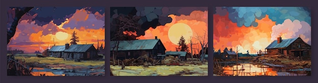 Vector gouache drawing rural landscape with old wooden house on sunset dusk colors lonely home on lake at evening watercolor drawing vector graphic art