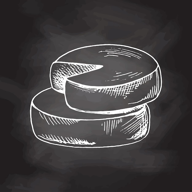 Gouda cheese wheels Ink sketch isolated, Chalkboard vector black and white vintage illustration