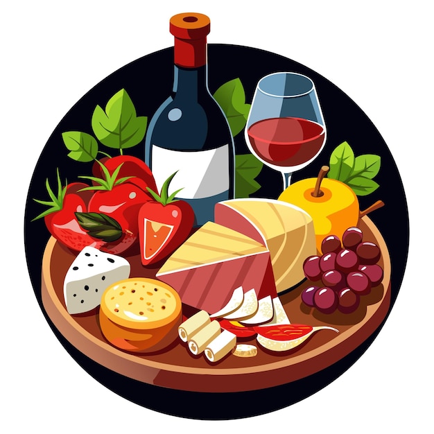 Vector gourmet cheese and charcuterie board with red wine on black background