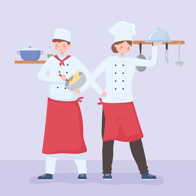 Gourmet chefs man and woman with food in hands illustration