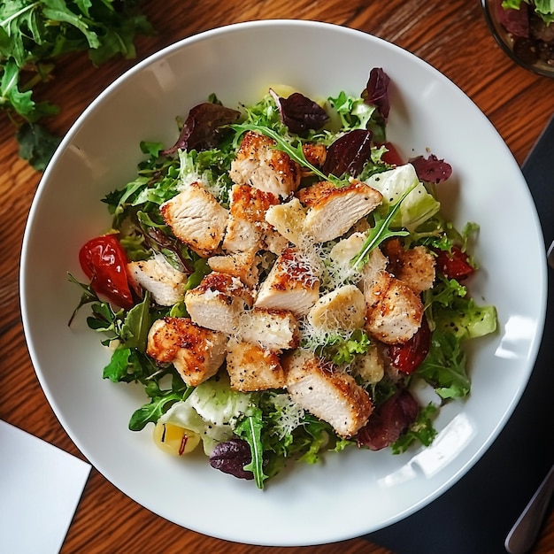 Gourmet Chicken Caesar Salad Grilled Poultry Atop a Bed of Fresh Greens with Parmesan Shavings