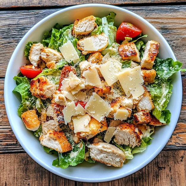 Vector gourmet chicken caesar salad grilled poultry atop a bed of fresh greens with parmesan shavings