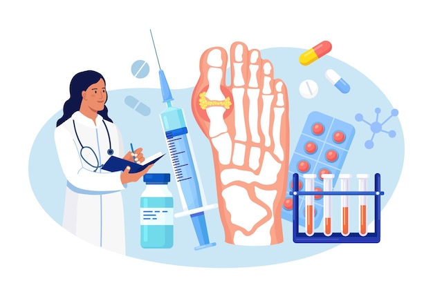 Gout treatment Arthritis joint in the ankle Doctor diagnoses swollen and inflamed foot joint Physician examination human feet bone with uric acid crystals Medical appointment and exam