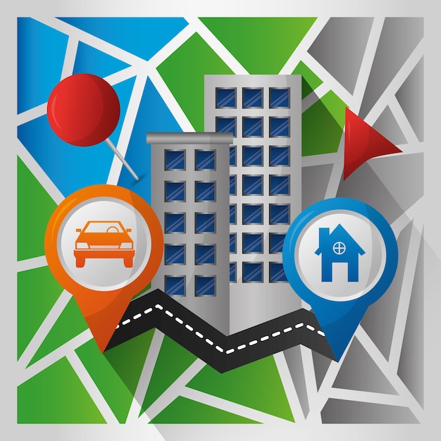 gps navigation application road destination buildings pin maps