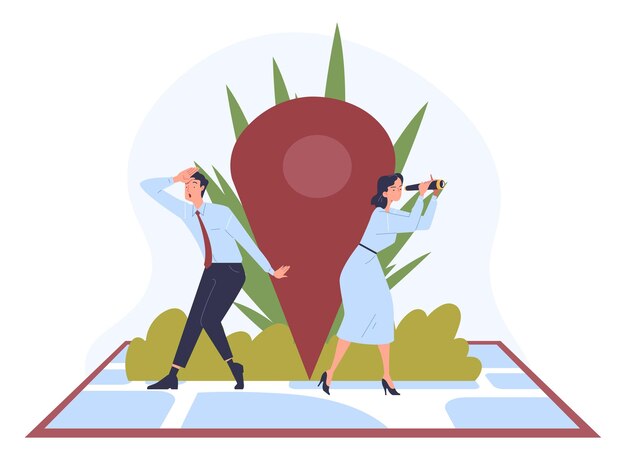 Vector gps navigation concept man and woman at huge map with binoculars and gps pin direction and route