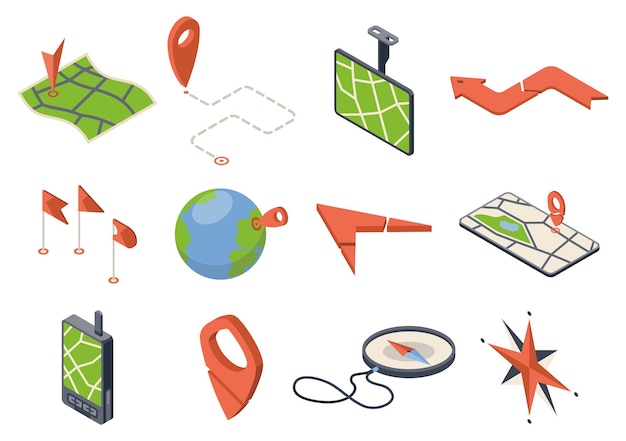 Gps navigation icon set isometric automotive navigation system symbols automobile controls elements