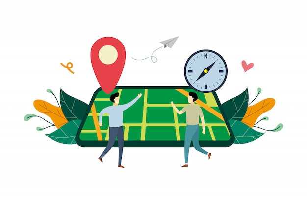 GPS navigation system, location on the city map flat illustration with small people 