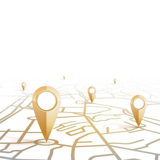 Gps pin icon gold color mock-up showing form the street map on white background and blank space