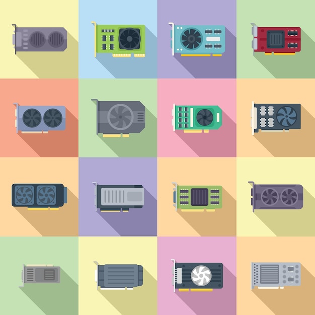 GPU graphic card icons set flat vector Hard ware