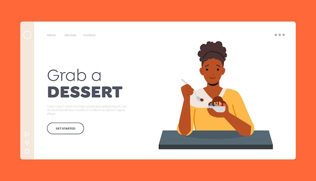 Grab a Dessert Landing Page Template Enjoyment Pleasure of Sweet Food Happy Woman Eating Delicious Ice Cream