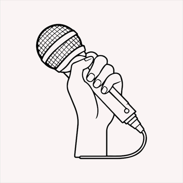 grabbing microphone By hand line art vector silhouette illustration