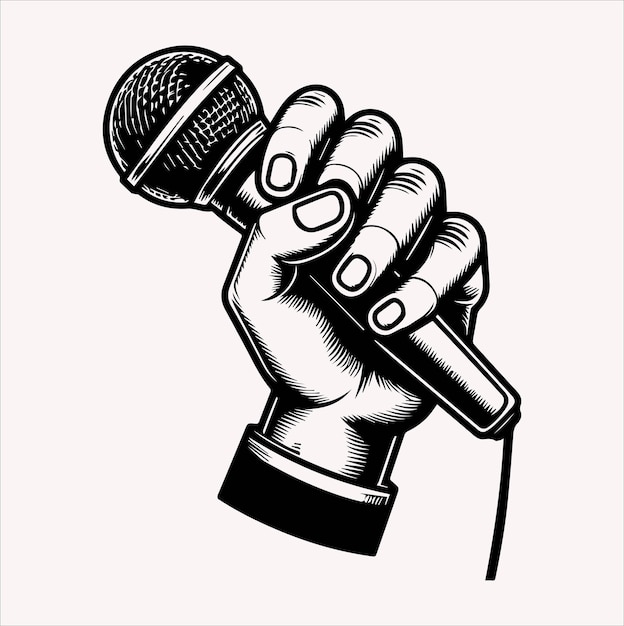 grabbing microphone By hand line art vector silhouette illustration