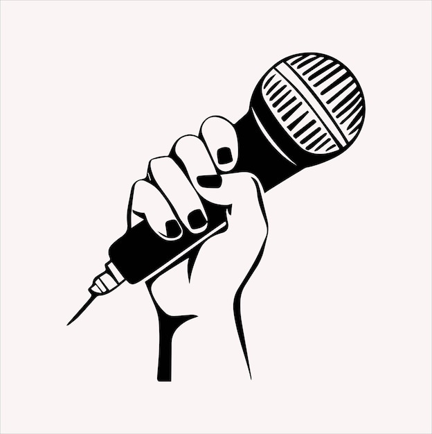 grabbing microphone By hand line art vector silhouette illustration