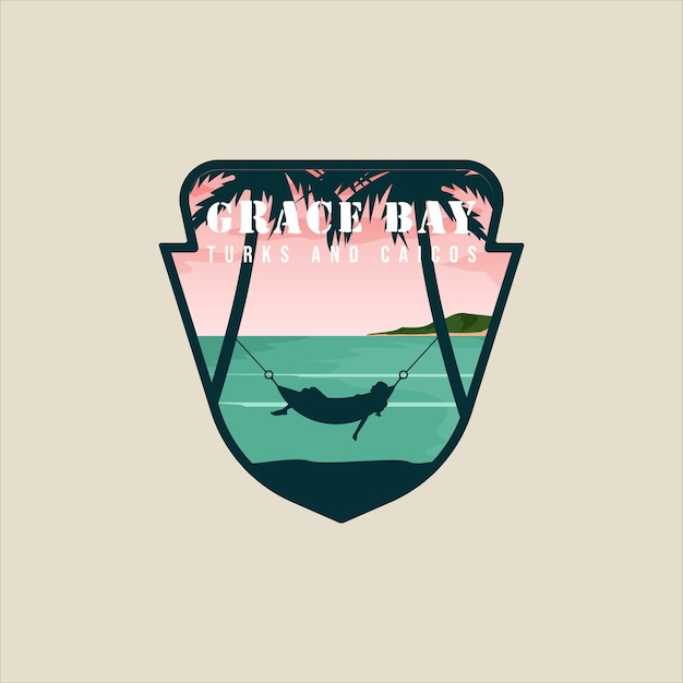 Grace bay beach vector emblem illustration template graphic icon design turks and caicos island banner and sign badge label with girl in hammock for business travel or vacation concept