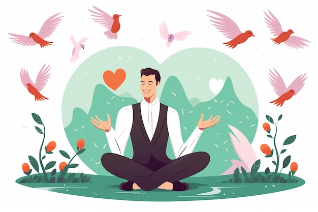 Vector grace man holding hearts with world