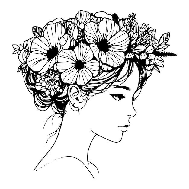 Vector graceful black lines elegant linear portrait young woman adorned with flowers in hair isolated