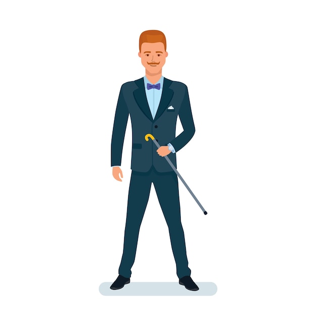 Graceful man in business suit stands with cane in hands