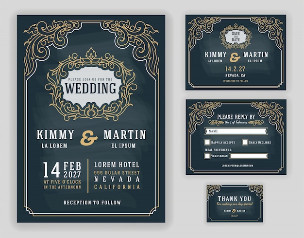 Graceful vintage and luxurious wedding invitation on chalkboard background