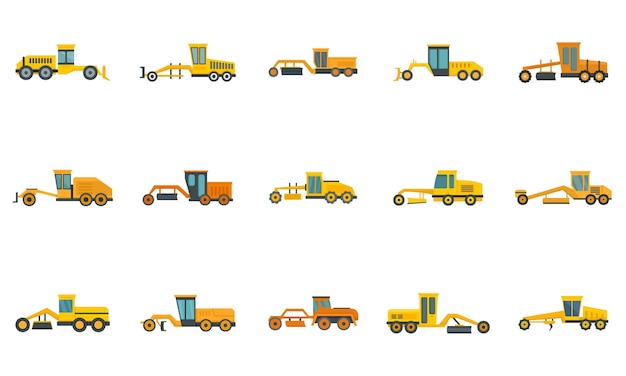 Grader machine icons set. Flat set of grader machine vector icons isolated on white background