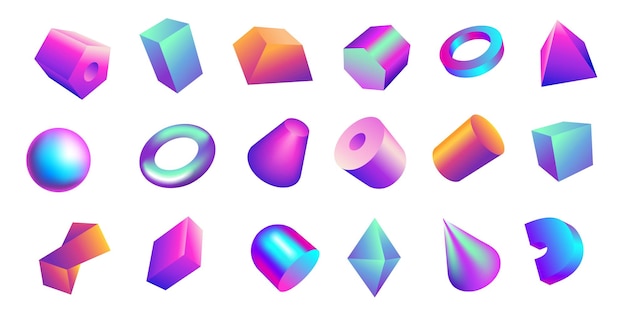 Gradient 3D shapes Bright gradient geometric figures Iridescent sphere cylinder and parallelepiped