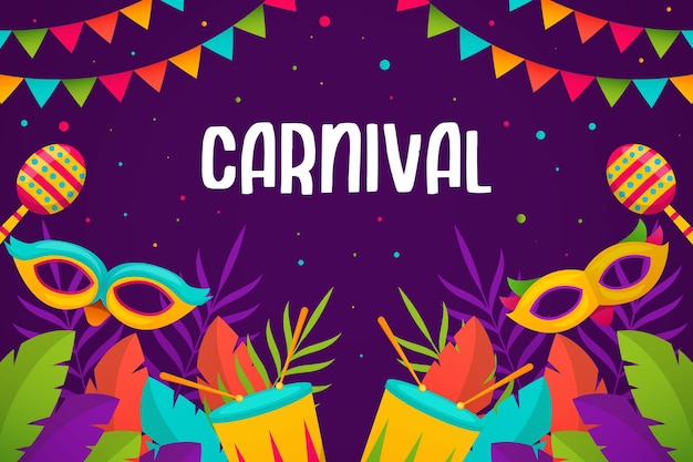 gradient carnival background illustration with mask leaves and traditional music instrument