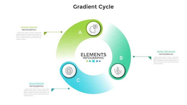 Gradient colored cyclical diagram with 3 round elements, thin line symbols, letters and text boxes. Concept of production cycle visualization. Modern infographic design template. Vector illustration.