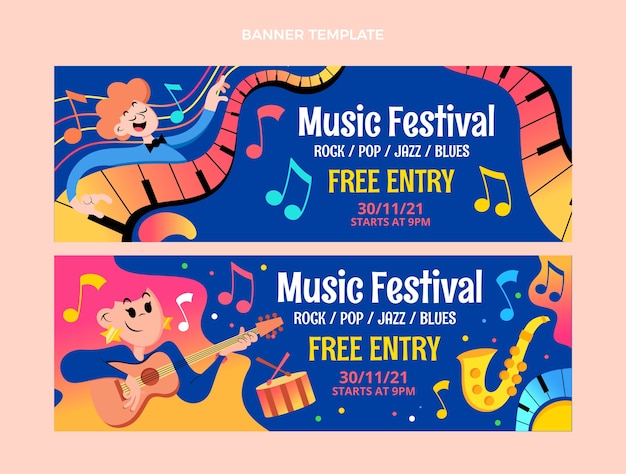 Gradient colorful music festival horizontal banners