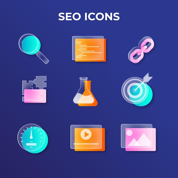 Gradient glassmorphism SEO Icon pack