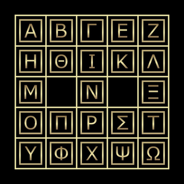 GRADIENT GOLDEN GREEK LETTER IN SQUARE WITH BLACK BACKGROUND