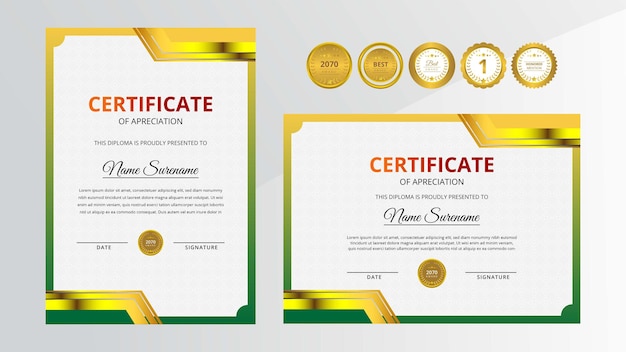 Gradient golden and green luxury certificate with gold badge set For award business and education