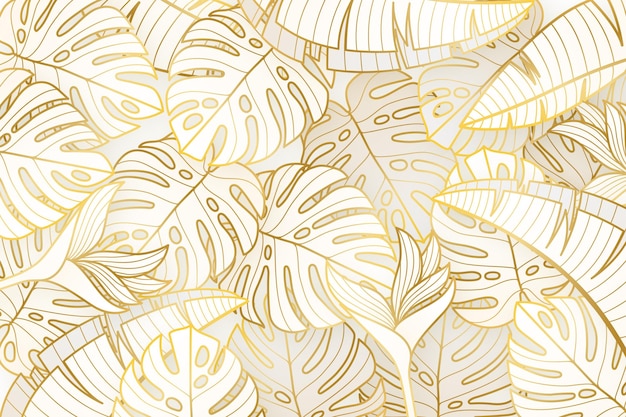 Gradient golden linear background with monstera deliciosa leaves