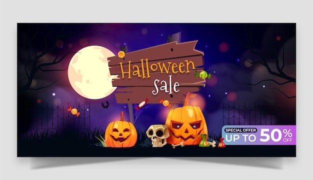 Gradient halloween horizontal sale banner template