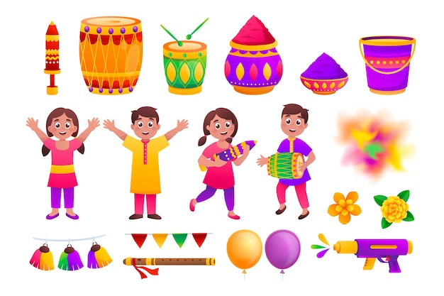 Gradient holi element set collection with kids, powder and musical instrument