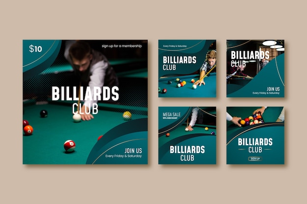 Gradient instagram posts collection for billiards and pool club