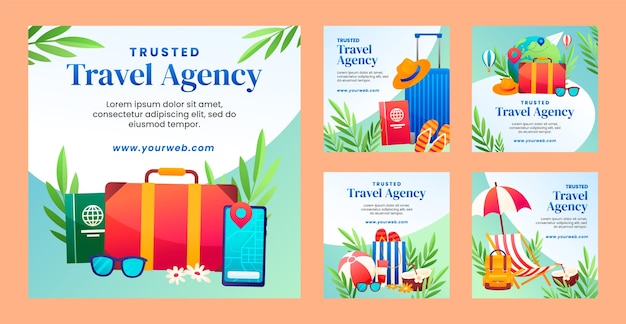 Gradient instagram posts collection for travel agency business