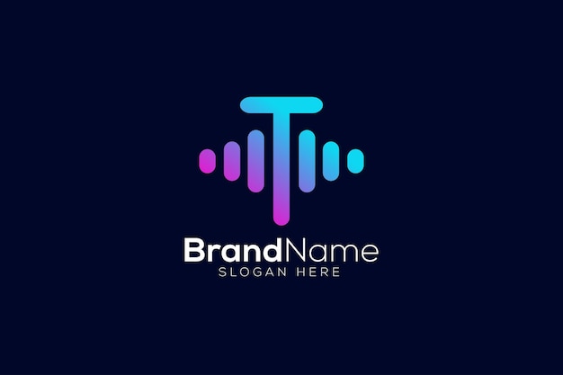 Gradient letter T sound waves logo design template