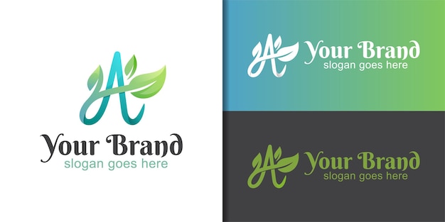 Gradient logos of initial letter A with growing leaf concept for herbal medic, natural product logo