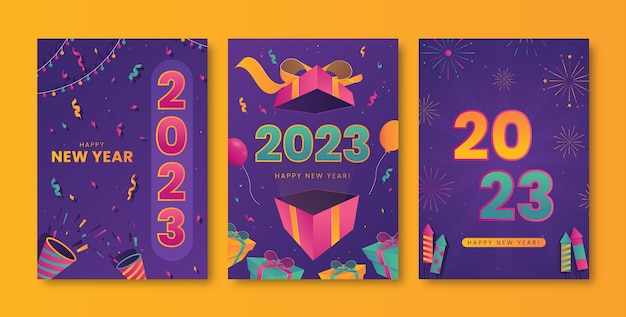 Gradient new year 2023 greeting cards set