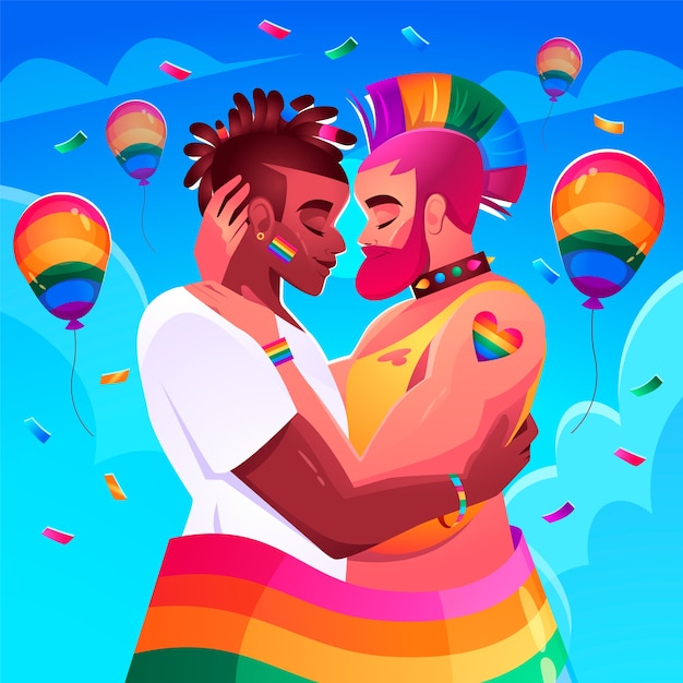 Gradient pride month illustration with gay couple