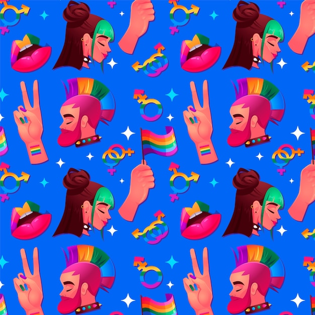 Gradient pride month pattern background with characters and symbols