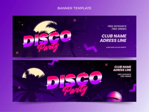 Gradient retro vaporwave disco party horizontal banners set