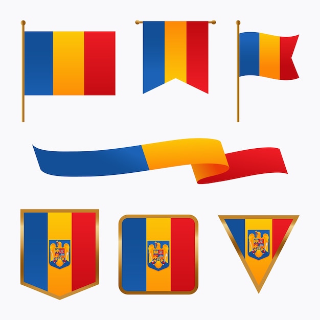 Gradient romanian flags and national emblems set