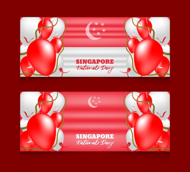 Gradient Singapore national day with a balloon and horizontal banners template set