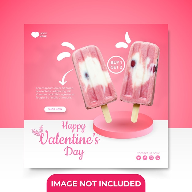 Gradient social media post happy valentine's day square banner template with shadow for restaurant or food delicious on pink