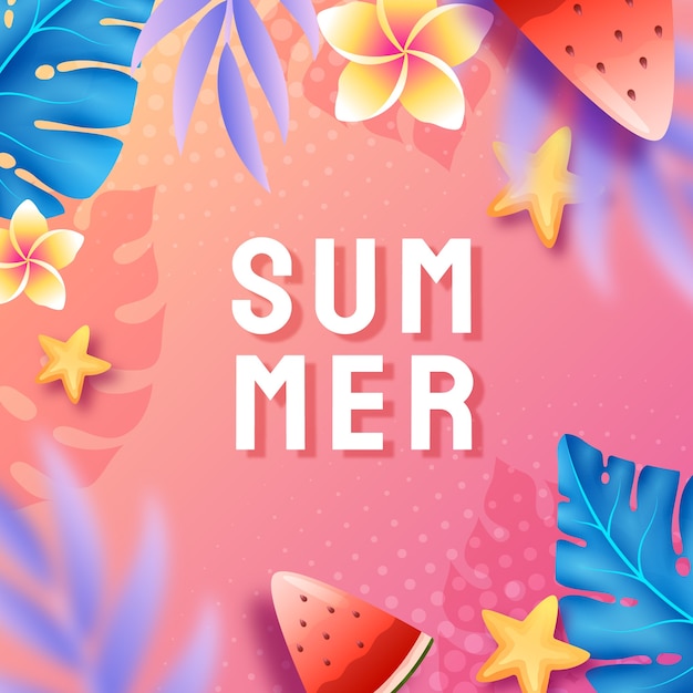 Gradient summer illustration with flowers and leaves