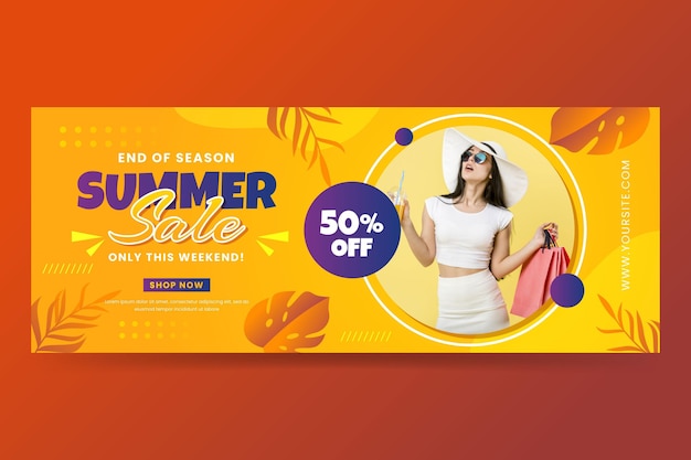 Gradient summer sale banner template with photo