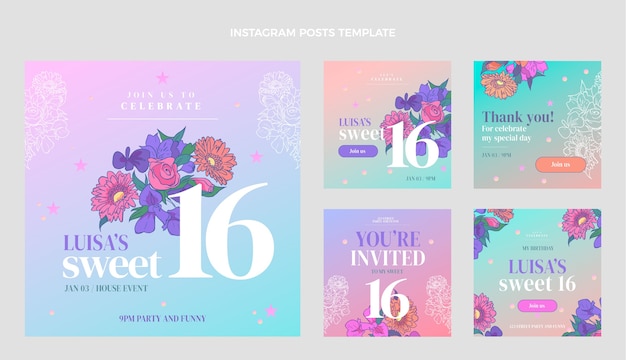 Gradient sweet 16 instagram posts template