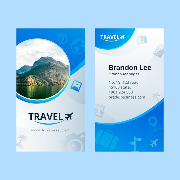 Gradient travel agency vertical business card template